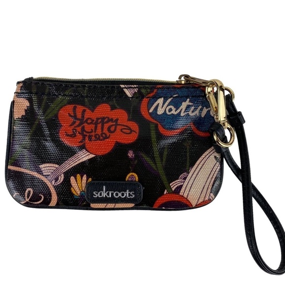 Sakroots Handbags - Sakroots Wristet Bag Wallet Clutch Coated Canvas Happy Free Nature Black